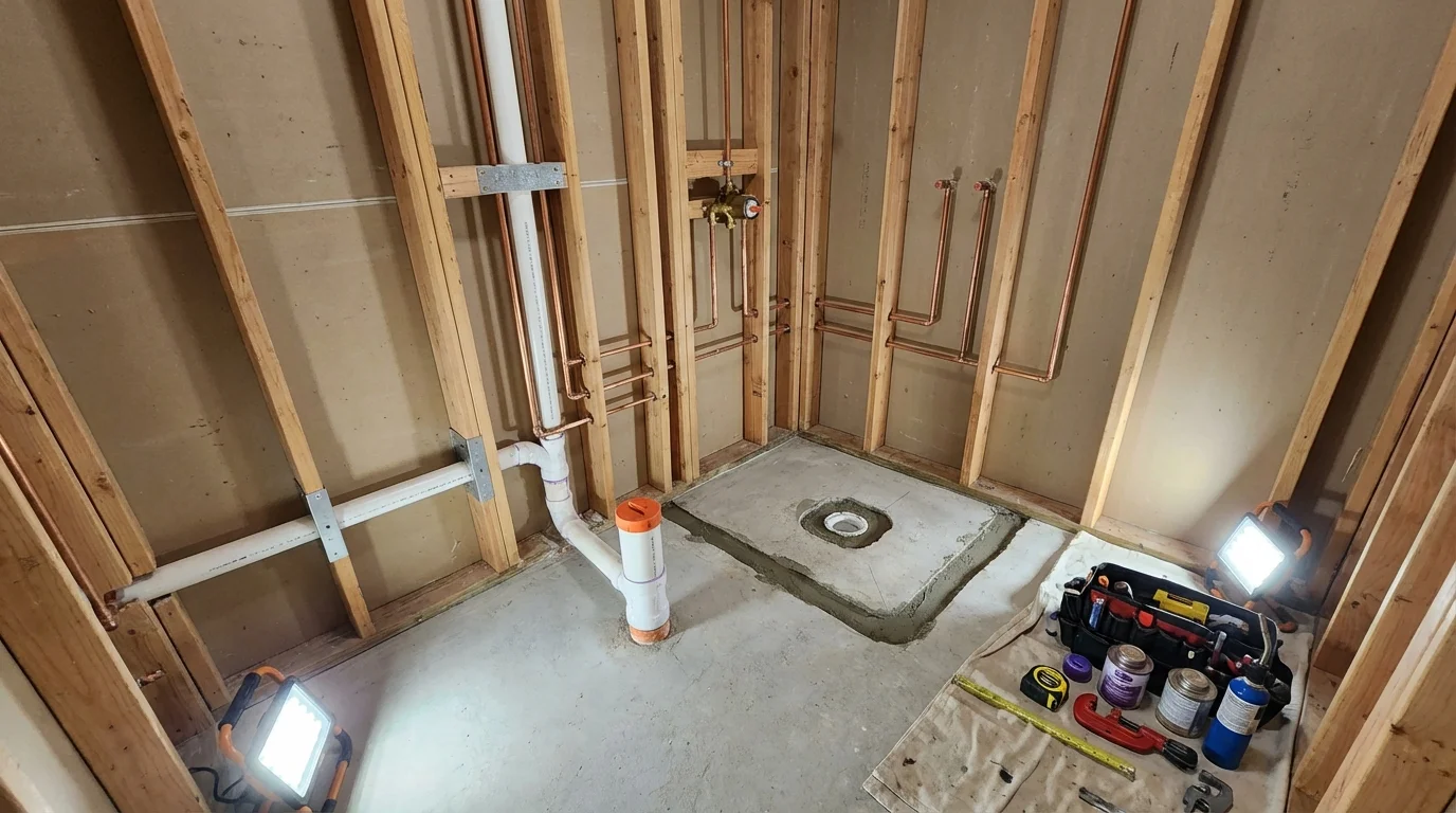 Bathroom rough-in plumbing during remodel by Johns Plumbing LLC in Walnut Ridge