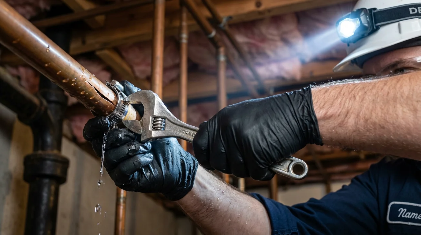 Emergency pipe clamp repair being performed by a Johns Plumbing LLC plumber in Walnut Ridge