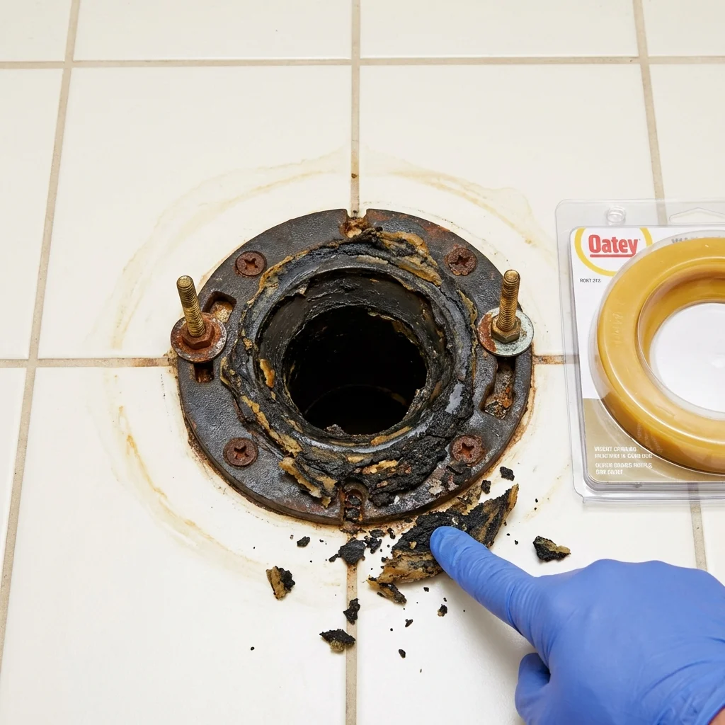 Failed wax ring showing water seepage at the base of a toilet in a Walnut Ridge, AR home